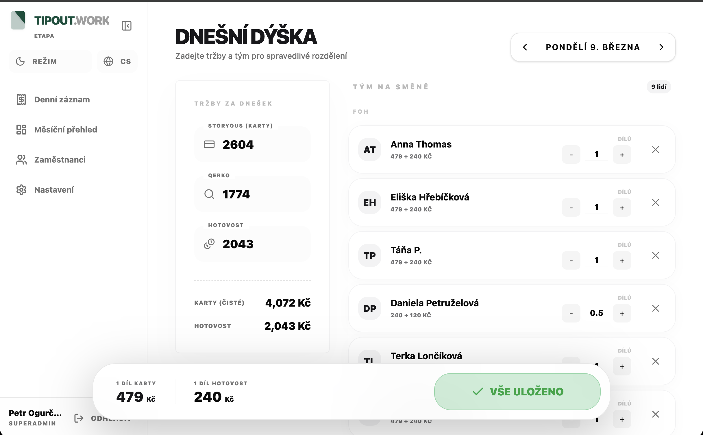 Tipout.work — denní rozdělení dýšek